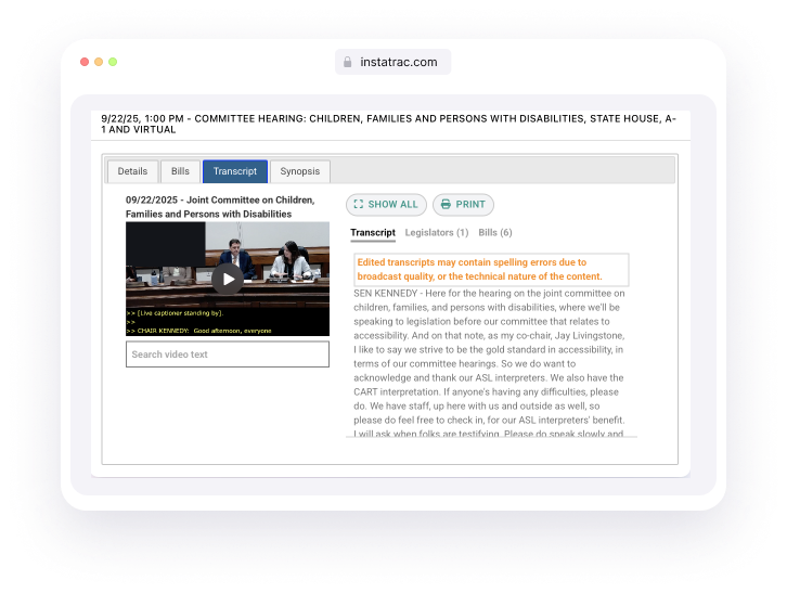 Transcripts interface showing searchable hearing transcripts